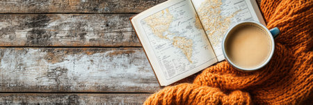 Enjoy a warm cup of coffee beside a travel guide on a wooden surface wrapped in a cozy orange blanket, perfect for planning trips.の素材