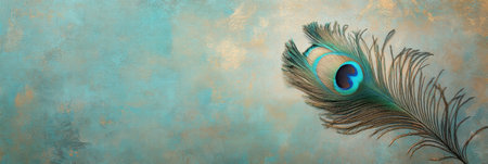 A detailed view of a single peacock feather reveals stunning colors and textures with ample space for text placement in a bright background.の素材