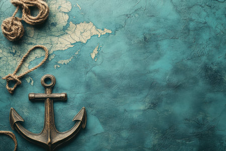 Detailed nautical map features coastal elements with an anchor and ropes on a vibrant blue backdrop, ideal for maritime projects or decor.の素材