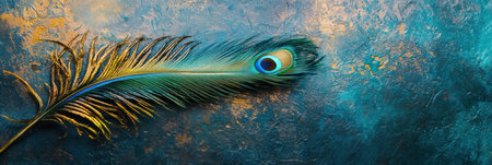 Detailed depiction of a peacock feather with rich textures and colors, set against a textured surface providing space for creative elements.の素材