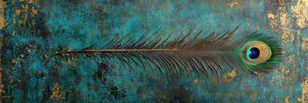 The peacock feather displays stunning details and colors against a vibrant backdrop, perfect for creative projects or designs.の素材