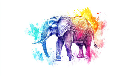 Colorful illustration of an elephant isolated against a bright background, offering ample copy space for personalized text or branding.の素材