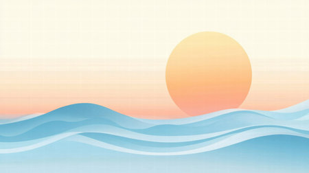 A simple horizon line features a stylized sun setting above gentle waves, creating a tranquil atmosphere with room for text.の素材