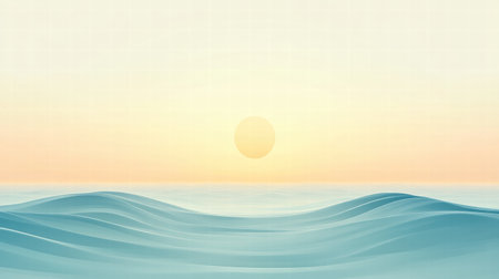 Soft waves roll beneath a stylized sun at the horizon, offering a tranquil backdrop with plenty of space for creative text placement.の素材