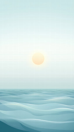 Soft waves undulate gently beneath a stylized sun, creating a serene horizon line perfect for adding text or messages.の素材
