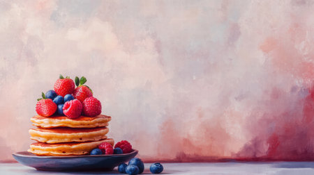 Golden pancakes topped with fresh strawberries and blueberries create a delicious breakfast moment on a soft background.の素材