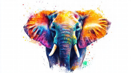 This isolated illustration features a lively elephant adorned with bright colors, providing a perfect background for custom text or design elements.の素材
