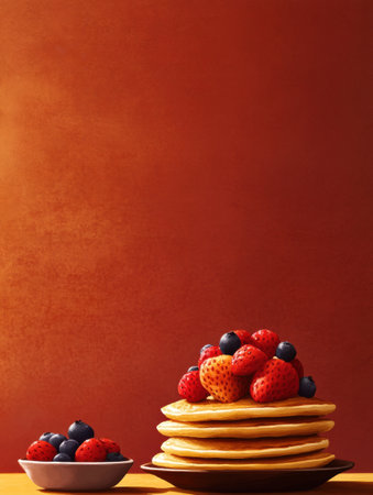 A stack of golden pancakes is beautifully topped with fresh strawberries and blueberries, perfect for breakfast or brunch settings.の素材