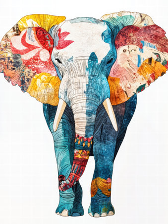 Brightly colored elephant illustration showcases unique patterns and designs, perfect for creative projects and displays with ample space for text.の素材