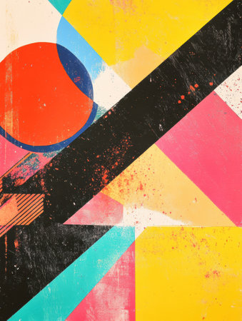 This dynamic abstract retro risograph features bold colors, geometric shapes, and ample copy space for text, ideal for creative projects.の素材