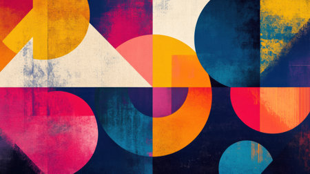 Colorful abstract artwork features geometric shapes, creating a playful retro vibe suitable for text placement and design projects.の素材