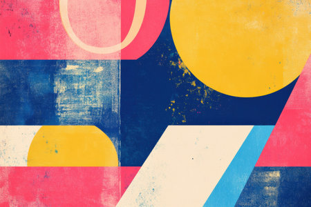 A colorful abstract design featuring retro shapes and textures with plenty of copy space ideal for creative projects or mock ups.の素材