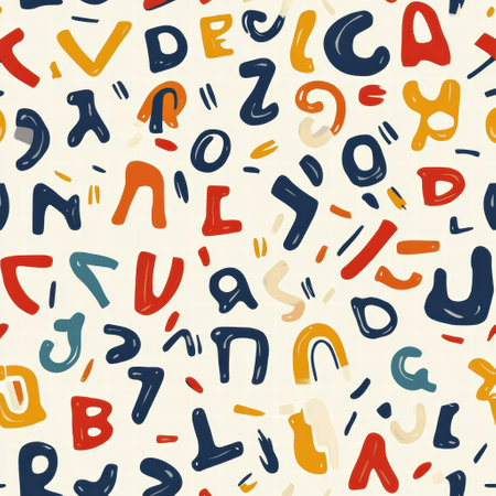 This design features a whimsical arrangement of stylized letters in vibrant colors against a soft background, ideal for playful environments.の素材
