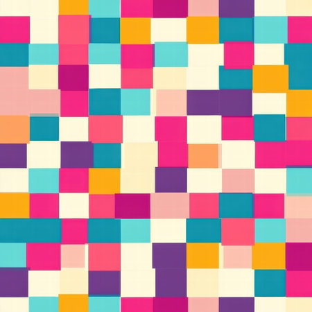 This pixel art pattern features vibrant pink, blue, yellow, and purple squares on a soft background.の素材