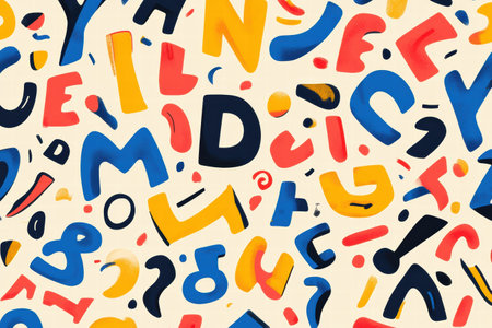 Bright and cheerful design showcases a mix of stylized letters in various colors, creating a lively and playful atmosphere throughout the composition.の素材