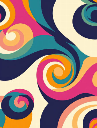 Colorful spirals and curved lines create a lively retro pattern reminiscent of the vibrant 70s style, capturing a fun artistic vibe.の素材