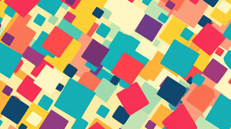 This seamless pattern showcases a variety of colorful geometric shapes in a playful arrangement, evoking a pixel art style.の素材