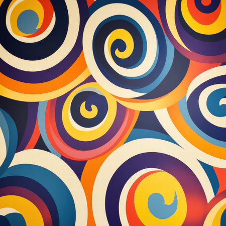 Colorful spirals and curved lines create a lively retro pattern, showing a distinct 70s color palette and artistic flair.の素材