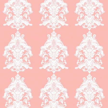 Delicate lace inspired pattern showcases intricate floral designs in white against a soft coral background, perfect for textiles and decor.の素材