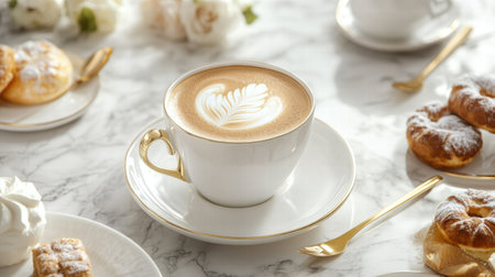 A beautifully crafted cup of coffee features intricate latte art on top, accompanied by a selection of pastries in an elegant cafe atmosphere.の素材