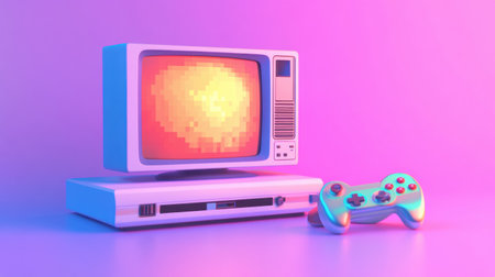 A vintage gaming console sits beneath a classic television, both illuminated by vibrant neon colors, evoking nostalgia for retro gaming.の素材