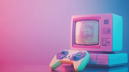 A vintage gaming console sits next to a controller, illuminated in vibrant colors, evoking memories of classic gaming experiences.の素材