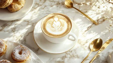 Enjoy a premium cup of coffee featuring intricate latte art accompanied by fresh pastries on a beautiful marble table setting.の素材
