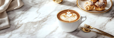 Enjoy a premium cup of coffee featuring delicate latte art, paired with fresh pastries on a marble tabletop in a cozy cafe.の素材