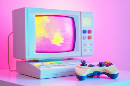 A vintage gaming console is connected to a small screen, showcasing vibrant graphics as a classic controller rests nearby, inviting playtime.の素材