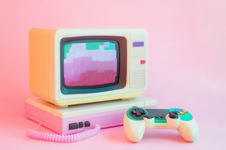 Classic gaming setup featuring a retro console and controller against a vibrant pastel backdrop showcasing nostalgic pixel art.の素材