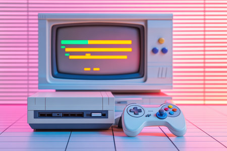 A retro gaming console and monitor create a nostalgic atmosphere with colorful lighting, ideal for gaming enthusiasts and collectors.の素材