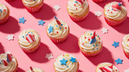 Vibrant cupcakes featuring American flag decorations and colorful sprinkles arranged on a pink backdrop ideal for patriotic events.の素材
