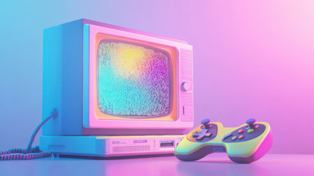 A nostalgic gaming console sits beside a vintage television displaying static, with a bright controller nearby creating an inviting atmosphere.の素材
