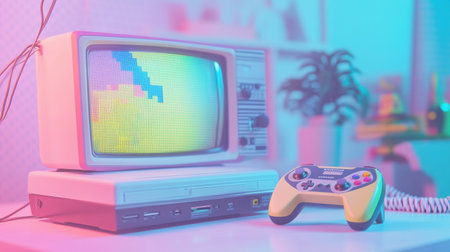 A classic gaming console rests on a table beside an old monitor, displaying pixelated graphics, inviting players to enjoy vintage games together.の素材
