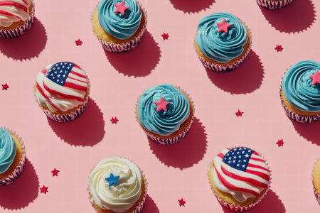 Cupcakes topped with vibrant blue icing and American flag designs are arranged on a pink background, perfect for festivities.の素材