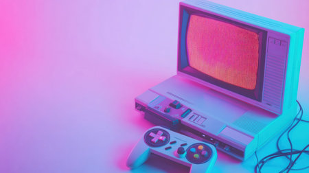 A retro gaming console and controller are displayed next to a vintage television, creating a colorful atmosphere that evokes nostalgia.の素材