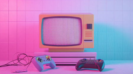 Colorful retro gaming console sits alongside controllers on a table, creating a nostalgic atmosphere with vibrant lighting effects.の素材