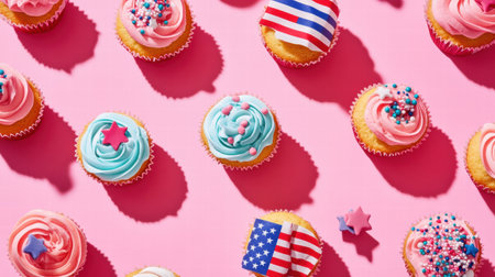 Delightful cupcakes adorned with American flags and colorful frosting create a festive atmosphere for celebrations and gatherings.の素材