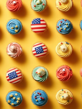 These vibrant cupcakes feature American flags and playful designs, perfect for a celebration or holiday gathering with friends and family.の素材