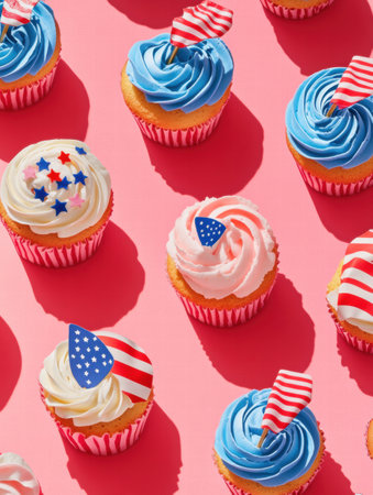 Cupcakes with blue and white frosting, adorned with American flag toppers, arranged on a vibrant pink surface for a festive occasion.の素材