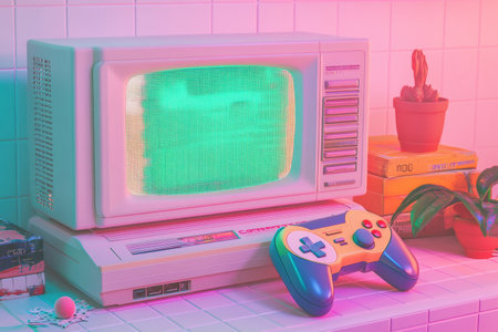 A vintage gaming console with a chunky monitor showcases nostalgic design alongside a game controller and plants in a cozy space.の素材
