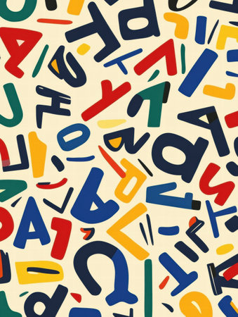 A colorful mix of stylized letters in various orientations creates a vibrant, playful vibe for design and creativity.の素材