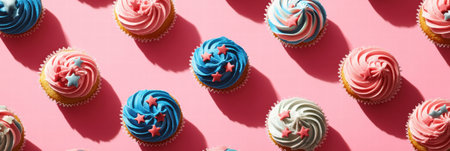 Colorful cupcakes featuring American flag designs sit neatly arranged on a pink surface, perfect for celebrating a patriotic event.の素材
