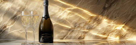 Enjoy a premium bottle of champagne paired with two elegant crystal flutes, ideal for toasting at any celebration or special moment.の素材