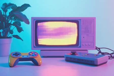 A vintage gaming setup features a retro console and controller beside a classic monitor showing a vivid, pixelated image against colorful lighting.の素材