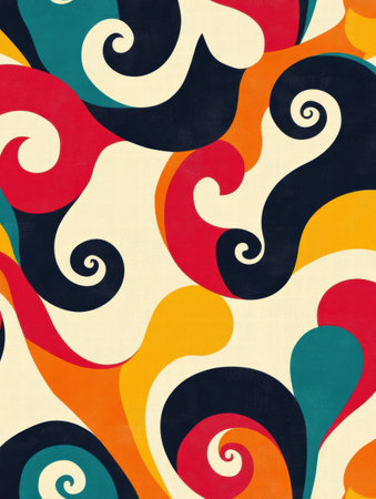 A vibrant design showcases playful spirals and curved lines, reminiscent of 70s aesthetics, bringing a lively and retro feel to any space.の素材