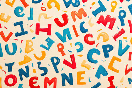 Colorful letters in red, blue, and yellow create a lively pattern, perfect for engaging activities in educational or artistic settings.の素材