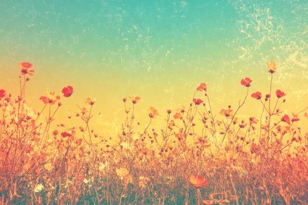 Golden flowers bloom against a pastel gradient sky at sunset, creating a serene and artistic atmosphere filled with color.の素材