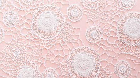 Delicate lace motifs create an intricate seamless pattern with a subtle texture on a soft pink background, perfect for various design uses.の素材
