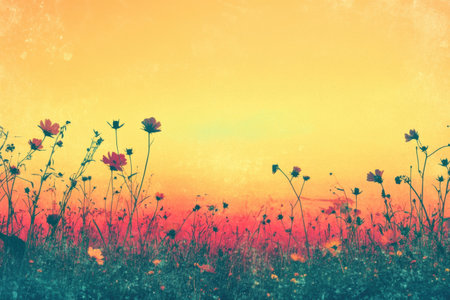Colorful flowers bloom under a warm sunset, creating a striking silhouette against a nostalgic background bursting with hues.の素材